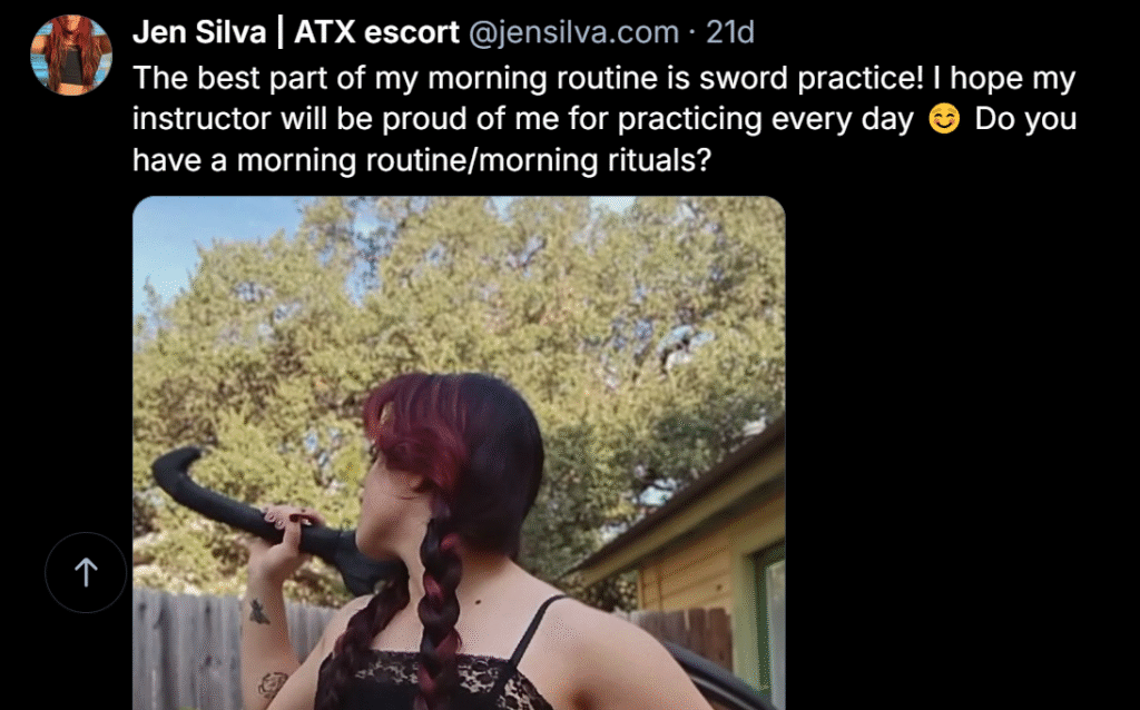 A screenshot of Jen's post on Bluesky featuring a selfie of them with a sword. 